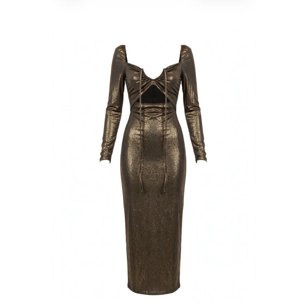 NSR S Bronze Metallic Midi Dress Cocktail Party Cutout Long Sleeve Gold